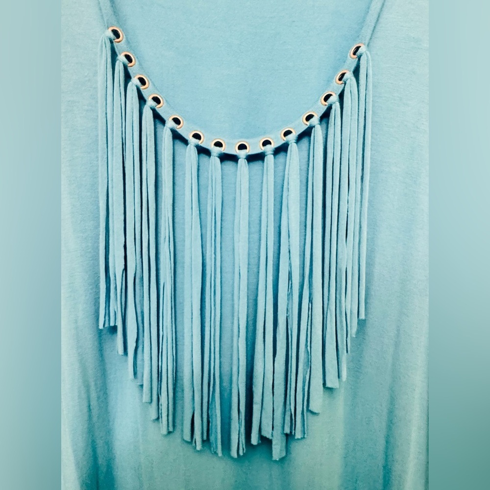 Michael Kors Tile Blue Silver Grommet Fringe Tank Top Size XL EUC - Picture 7 of 7